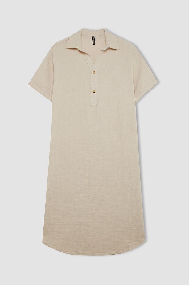 Regular Fit Düğmeli Polo Yaka Basic Düz Müslin Kısa Kollu Midi Elbise D5363ax24au - 6