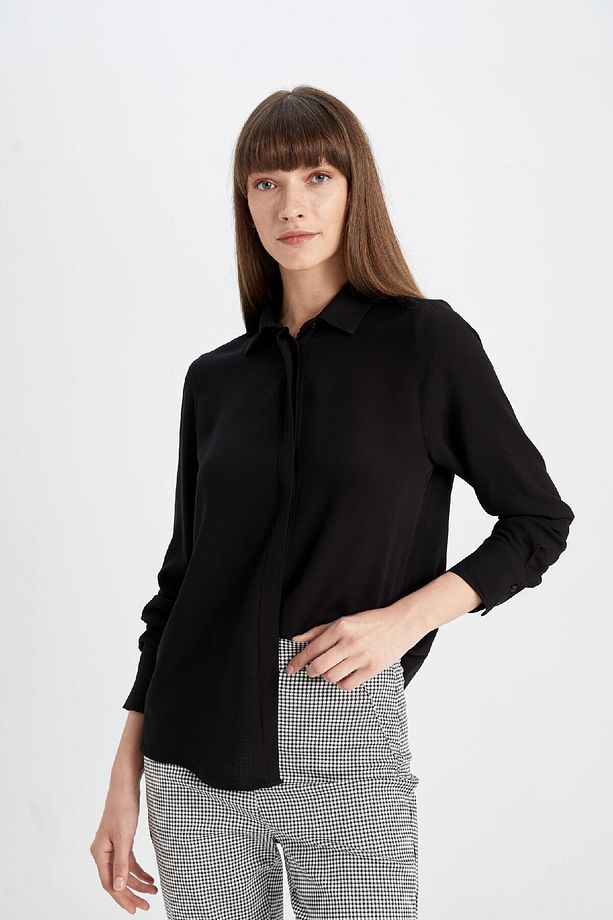 Regular Fit Basic Düz Uzun Kollu Siyah Gömlek Z6472az24au - 4