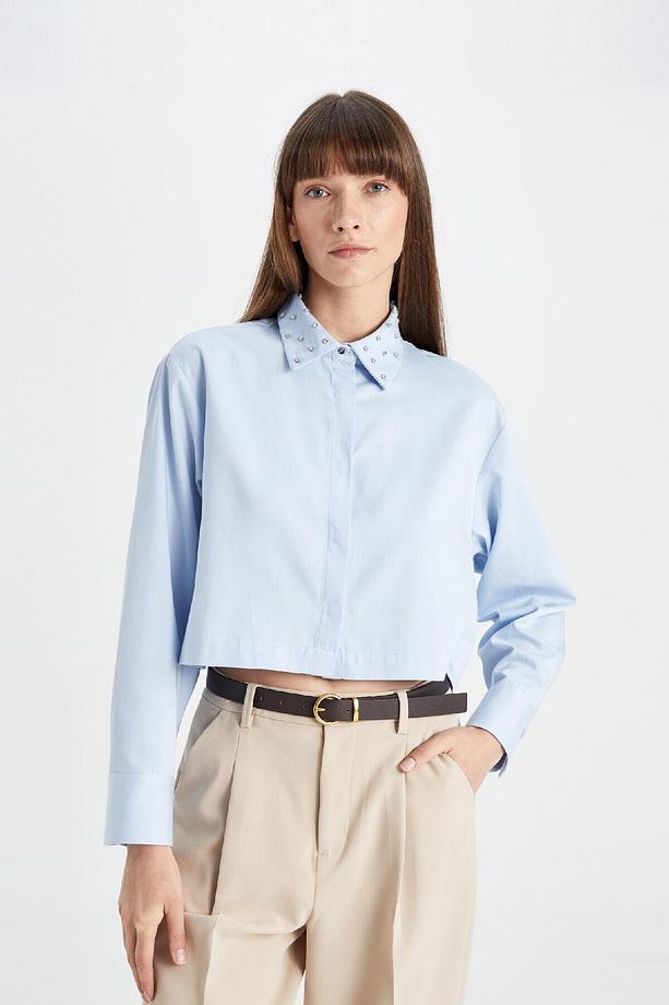 Crop Basic Düz Düğmeli Dokuma Uzun Kollu Gömlek D4617ax24au - 7