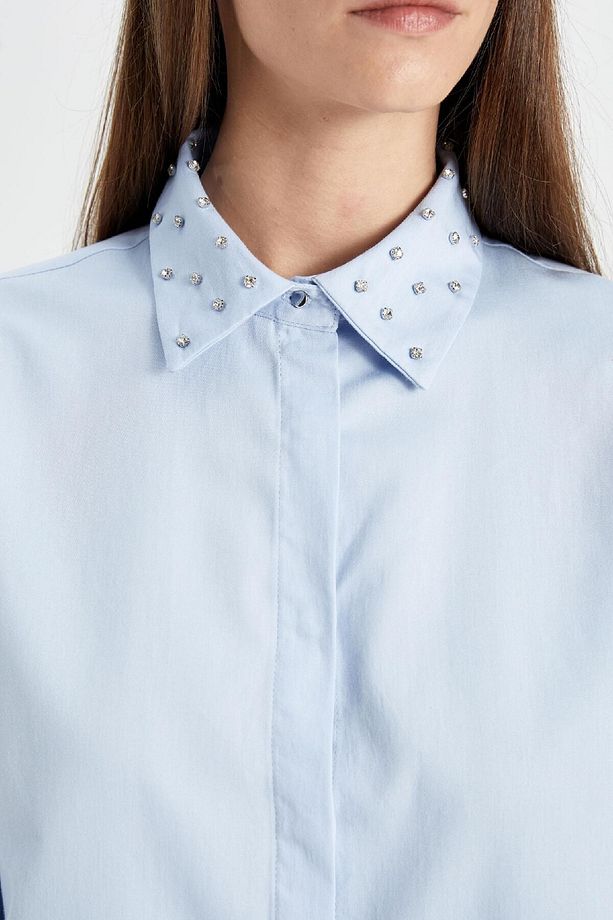 Crop Basic Düz Düğmeli Dokuma Uzun Kollu Gömlek D4617ax24au - 8