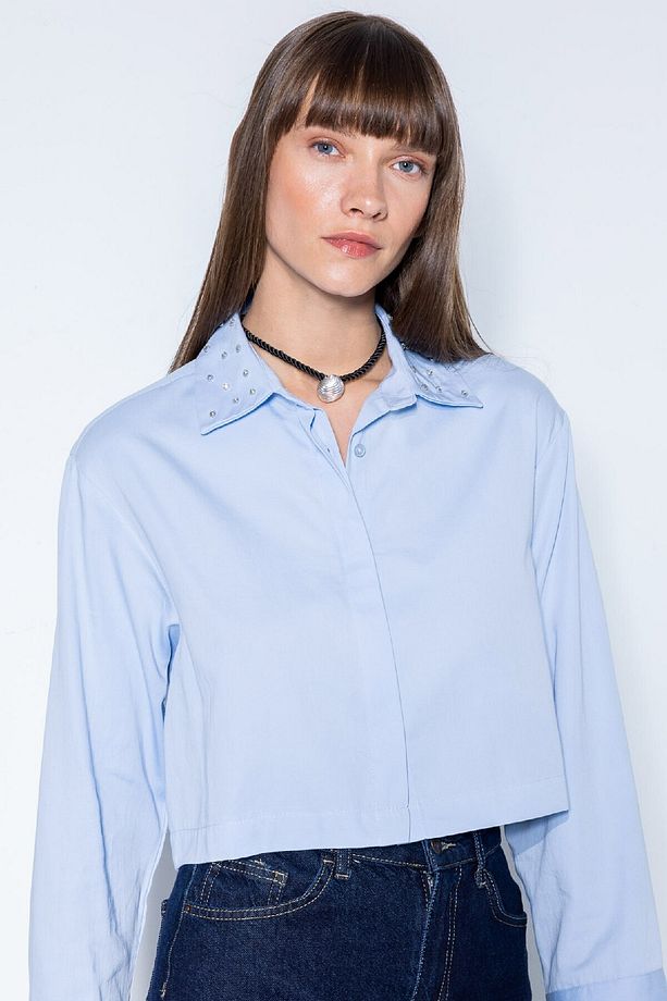 Crop Basic Düz Düğmeli Dokuma Uzun Kollu Gömlek D4617ax24au - 1