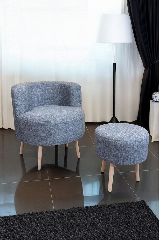 Çay Seti Tekli Koltuk Berjer Ve Gri Keten Puf Takımı (salon, Balkon, Ofis) 2 Li Takım - 1