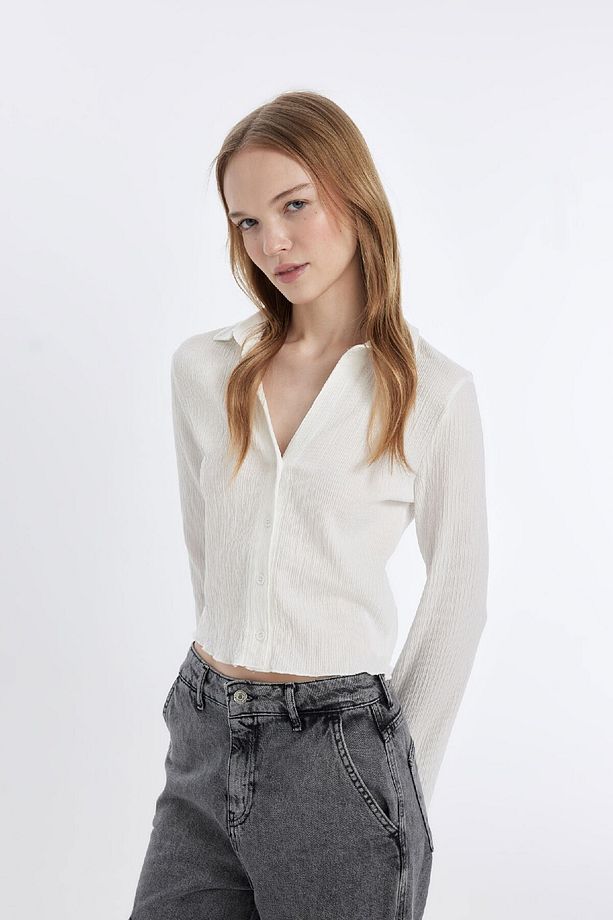 Coool Fitted Basic Düz Düğmeli Uzun Kollu Crop Beyaz Gömlek A0012ax24au - 4