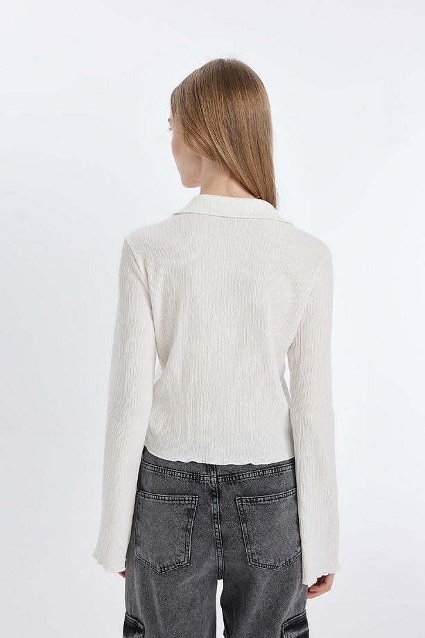 Coool Fitted Basic Düz Düğmeli Uzun Kollu Crop Beyaz Gömlek A0012ax24au - 6