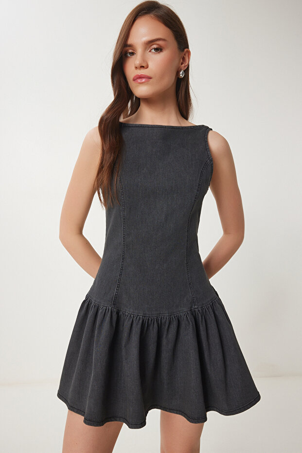 Frilly Mini Denim Dress Anthracite Lhc0011