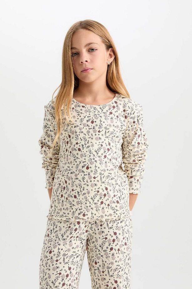 Kız Çocuk Pijama Takımı Çiçekli Bisiklet Yaka Uzun Kollu Üst Uzun Alt D6052a824au - 3