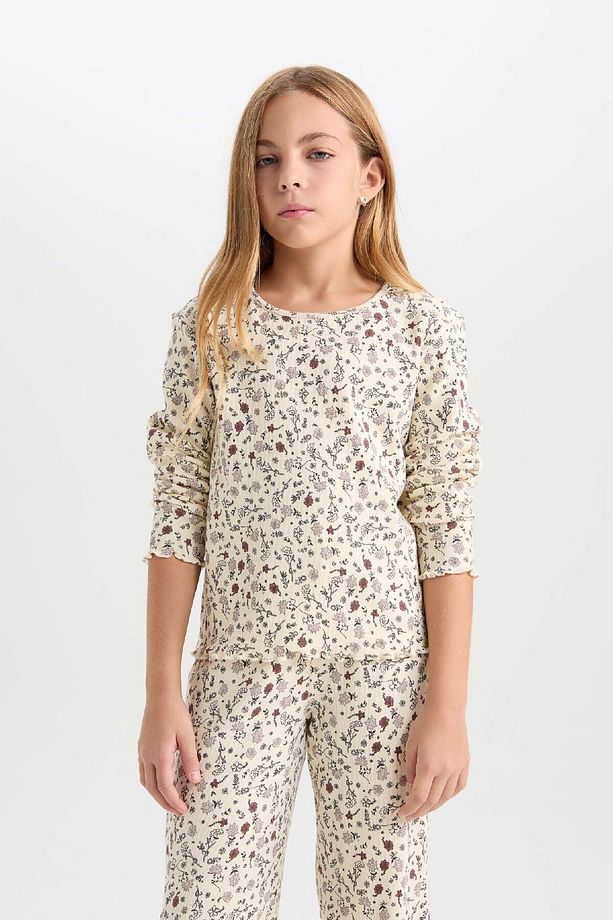 Kız Çocuk Pijama Takımı Çiçekli Bisiklet Yaka Uzun Kollu Üst Uzun Alt D6052a824au - 2