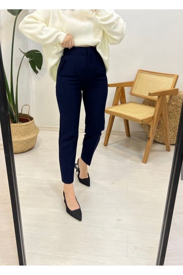 Lacivert Yüksek Bel Krep Kumaş Havuç Pantolon - 4