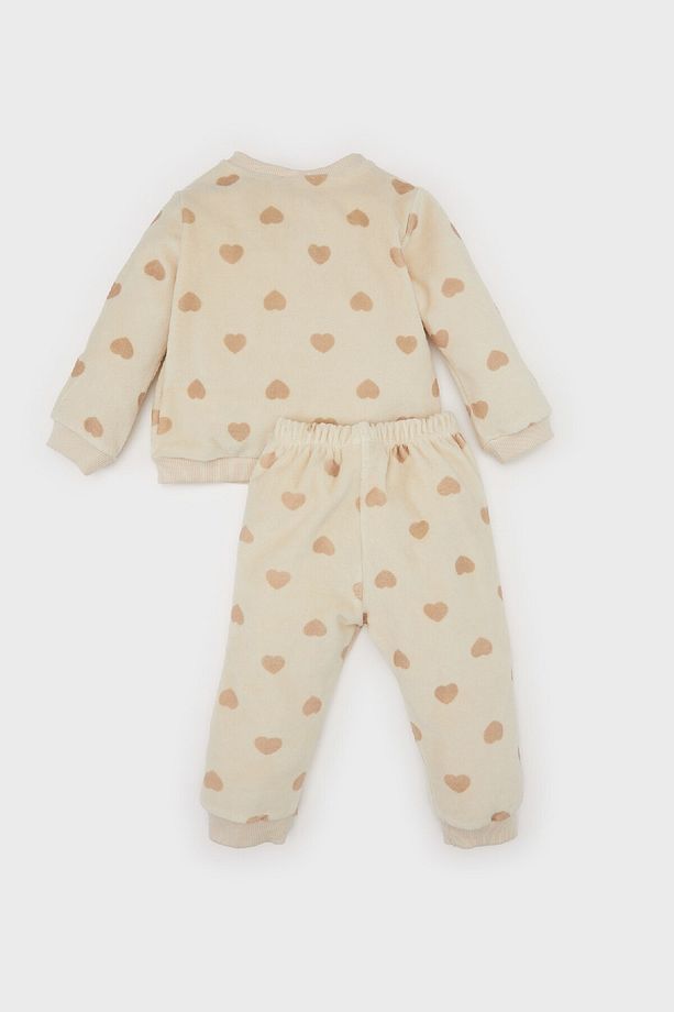 Kız Bebek Pijama Takımı Kalp Desenli Velur Uzun Kollu Üst Uzun Alt D5380A524WN - 4