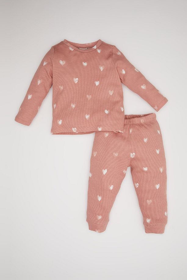 Kız Bebek Pijama Takımı Kalp Desenli Uzun Kollu Waffle Üst Beli Lastikli Uzun Alt D6797a5ns - 1