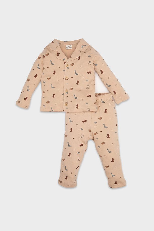 Erkek Bebek Pijama Takımı Dinazor Desenli Uzun Kollu Penye Üst Beli Lastikli Uzun Alt D6811a5ns - 1