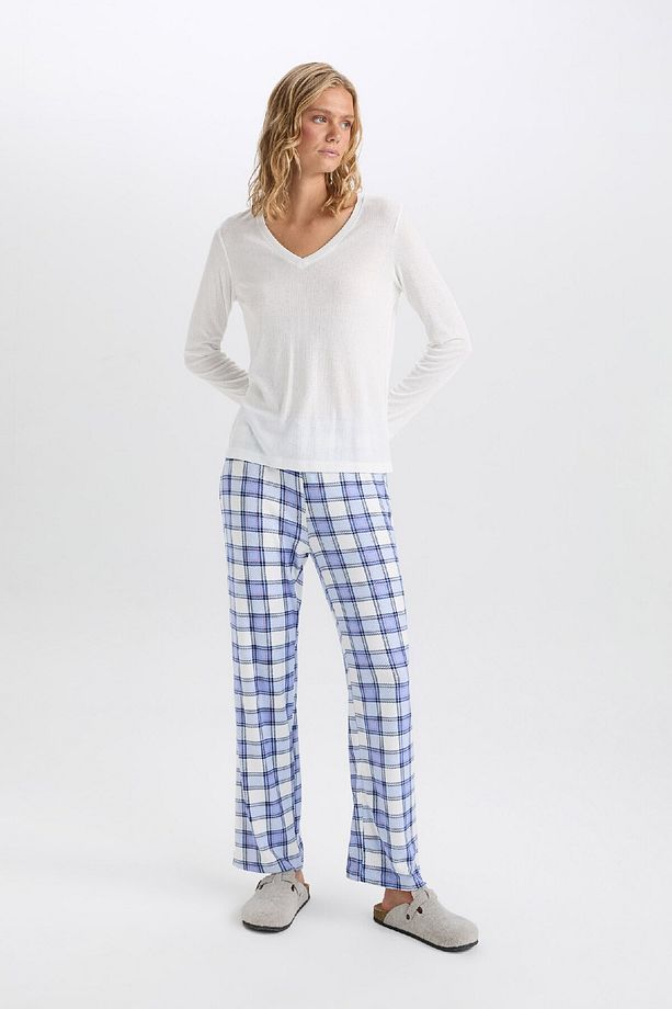Pijama Takım V Yaka Uzun Kollu Basic Düz Üst Kareli Beli Lastikli Alt-fall In Love C5438ax24au - 3