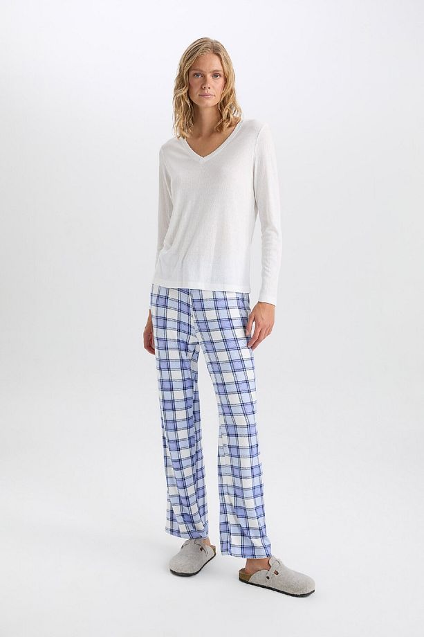 Pijama Takım V Yaka Uzun Kollu Basic Düz Üst Kareli Beli Lastikli Alt-fall In Love C5438ax24au - 1