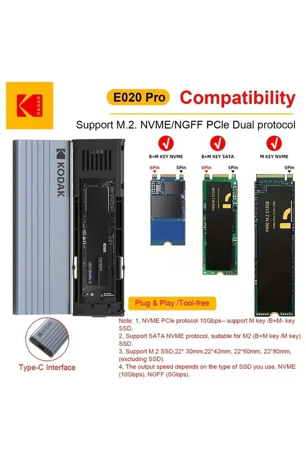 E020 PRO M2 NVMe+Sata Muhafaza Kutusu Çift Protokol CE Lisans 2280/2260/2242/2230/10Gbps Yüksek Hız - 2