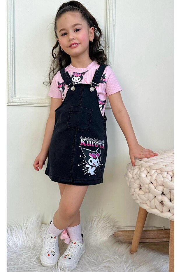 Girl's Ribbed Patterned Tshirt - Floral Embroidered Denim Salopet Set with Skirt