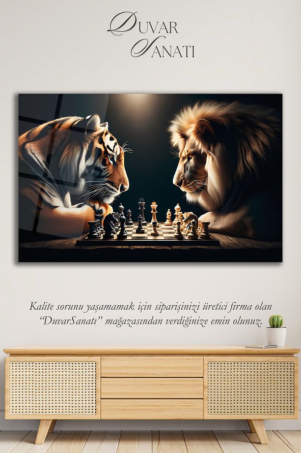 Aslan ve Kaplan Satranç Cam Tablo Modern Ev Ofis Salon Hediyelik Büyük Tablo Duvar Dekoru - 3