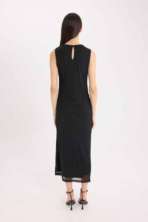 Bodycon Vücudu Saran Yuvarlak Yaka Basic Düz Tül Kolsuz Midi Abiye Elbise D8036ax25sp - 5