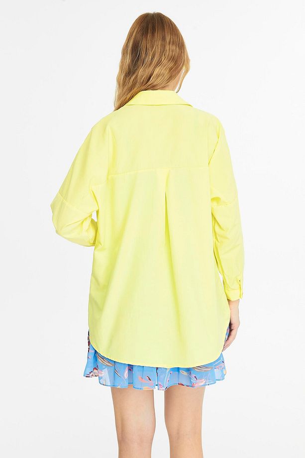 Kadın Oversize Uzun Basic Gömlek - SARI - 3
