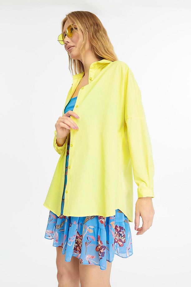 Kadın Oversize Uzun Basic Gömlek - SARI - 4