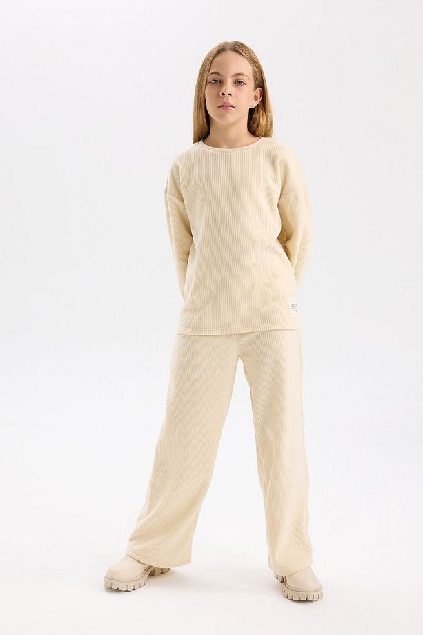 Kız Çocuk Pijama Takımı Polar Bisiklet Yaka Uzun Kollu Basic Düz Üst Uzun Alt D7745A824WN - 2