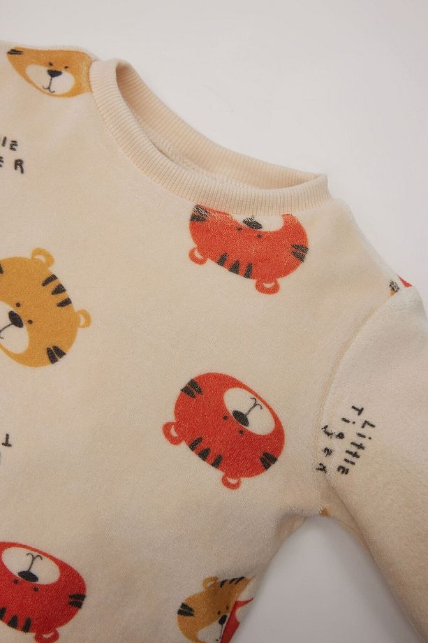 Erkek Bebek Pijama Takımı Bisiklet Yaka Desenli Kadife Uzun Kollu Üst Uzun Alt D7146A524WN - 3