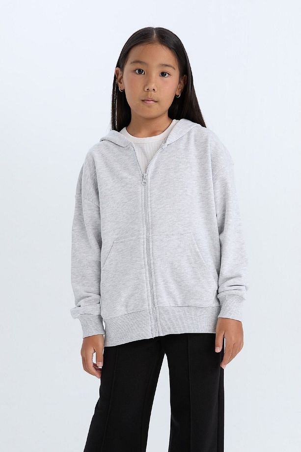 Kız Çocuk Oversize Geniş Kalıp Kapüşonlu Basic Düz Fermuarlı Sweatshirt D8214a8ns - 3