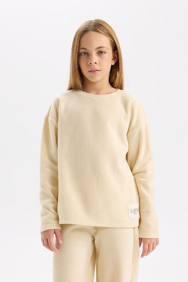 Kız Çocuk Pijama Takımı Polar Bisiklet Yaka Uzun Kollu Basic Düz Üst Uzun Alt D7745A824WN - 4