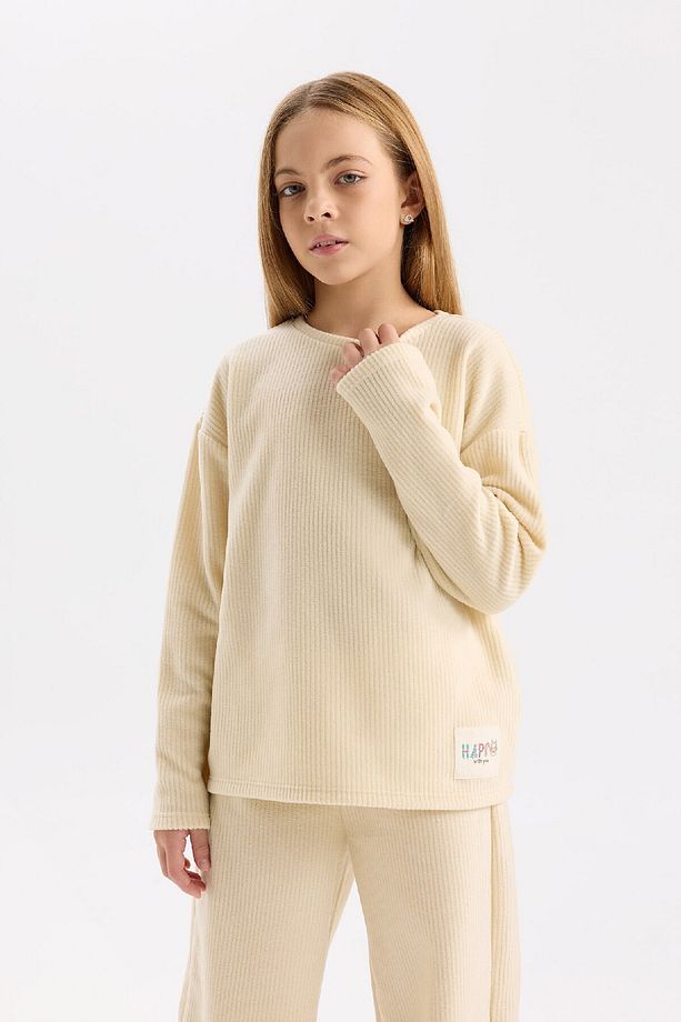 Kız Çocuk Pijama Takımı Polar Bisiklet Yaka Uzun Kollu Basic Düz Üst Uzun Alt D7745A824WN - 3