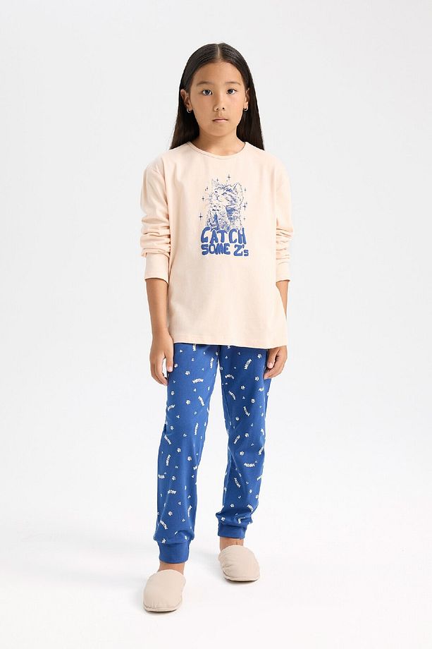 Kız Çocuk Pijama Takımı Baskılı Uzun Kollu Üst Beli Lastikli Uzun Alt D7743A824WN - 2