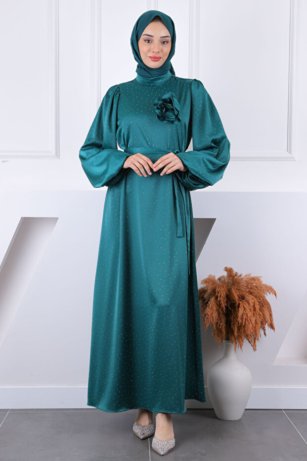 Emerald Green Balloon Sleeve Stone Satin Evening Dress