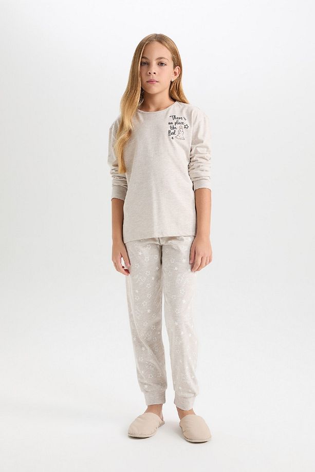 Kız Çocuk Pijama Takımı Bisiklet Yaka Baskılı Uzun Kollu Üst Beli Lastikli Uzun Alt D6656a824wn - 2
