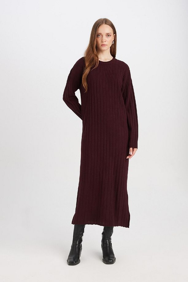 Regular Fit Bisiklet Yaka Basic Düz Uzun Kollu Triko Elbise D7510ax24wn - 3