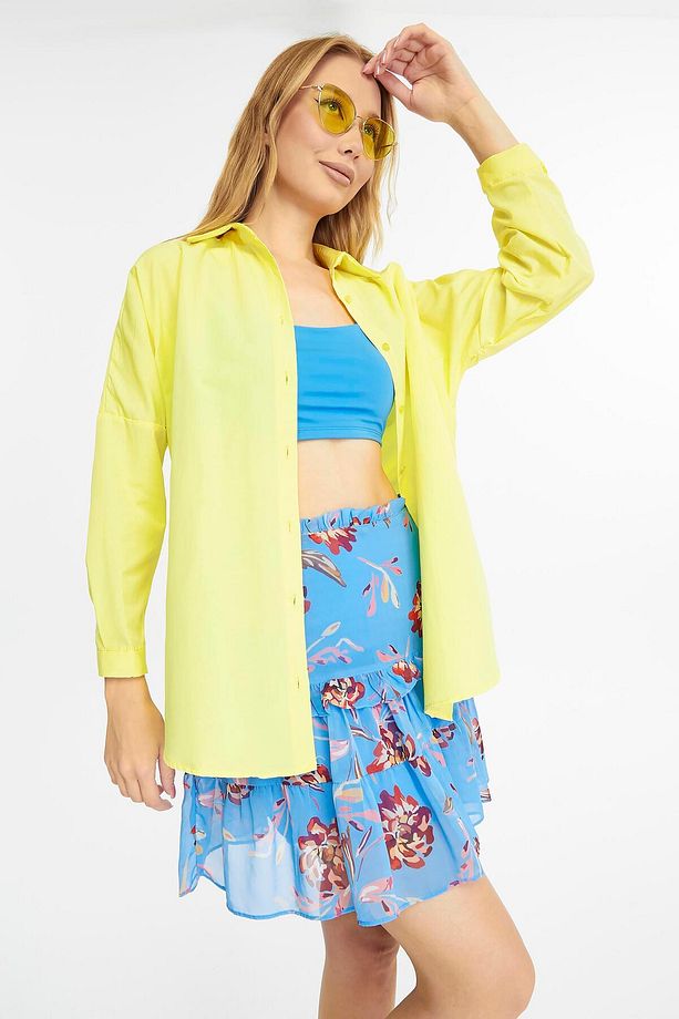 Kadın Oversize Uzun Basic Gömlek - SARI - 5
