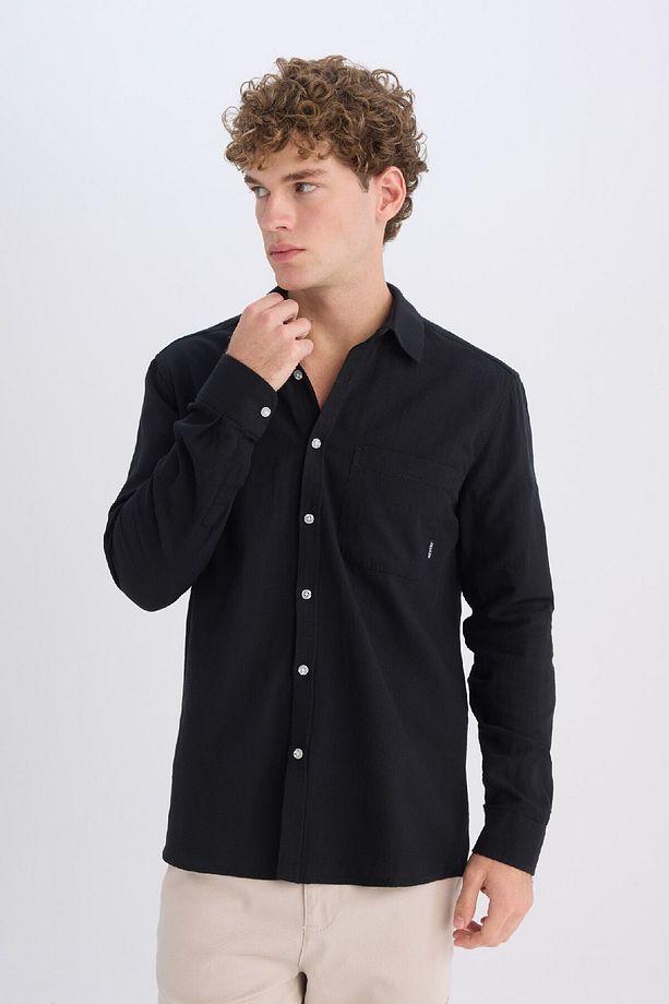 %100 Pamuk Regular Fit Basic Düz Uzun Kollu Siyah Gömlek D7079ax25sp - 3