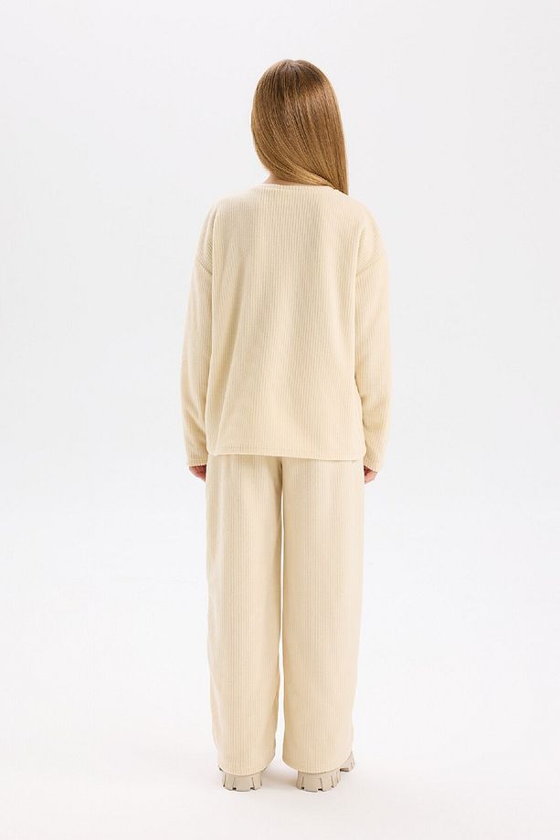 Kız Çocuk Pijama Takımı Polar Bisiklet Yaka Uzun Kollu Basic Düz Üst Uzun Alt D7745A824WN - 6
