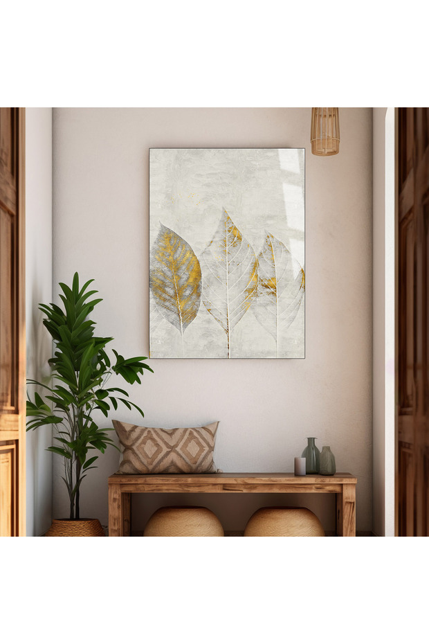 Hari̇kabi̇rev | Soft Gray Gold Leaves Designed Tempered Unbreakable Glass Table | Tmtekli̇