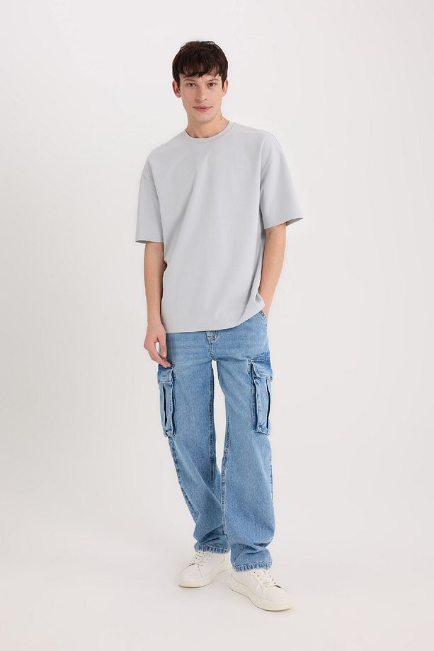 Oversize Geniş Kalıp Bisiklet Yaka Kısa Kollu Basic Düz Ağır Kumaş Tişört X3926az25sp - 2