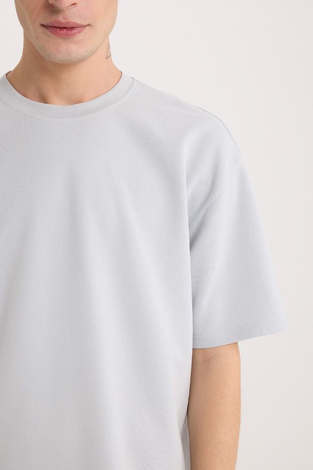Oversize Geniş Kalıp Bisiklet Yaka Kısa Kollu Basic Düz Ağır Kumaş Tişört X3926az25sp - 5