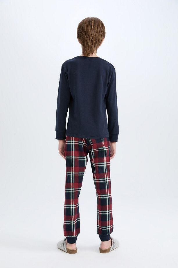Erkek Çocuk Pijama Takımı Bisiklet Yaka Baskılı Uzun Kollu Üst Kareli Uzun Alt D5212A824WN - 5