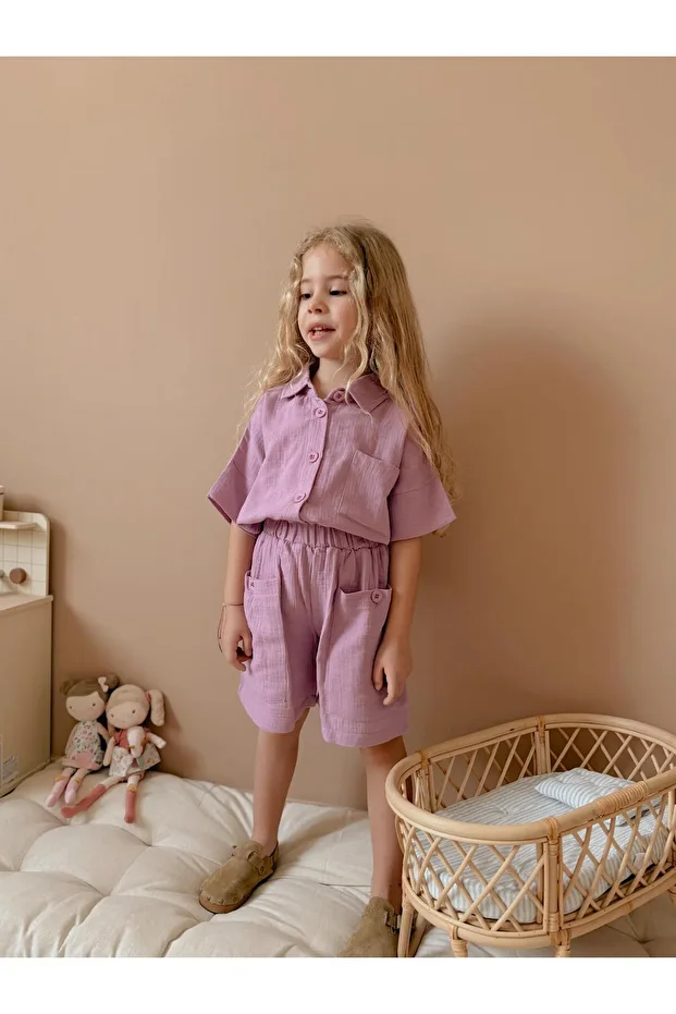 Yigit Butik Müslin Kumaş Şortlu Kız Çocuk Takım - 4