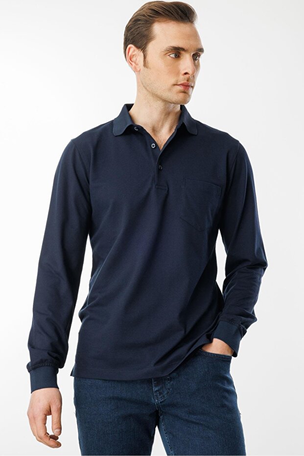 Men's Polo Neck Pocket Long Sleeve Sweatshirt Navy Blue - 1