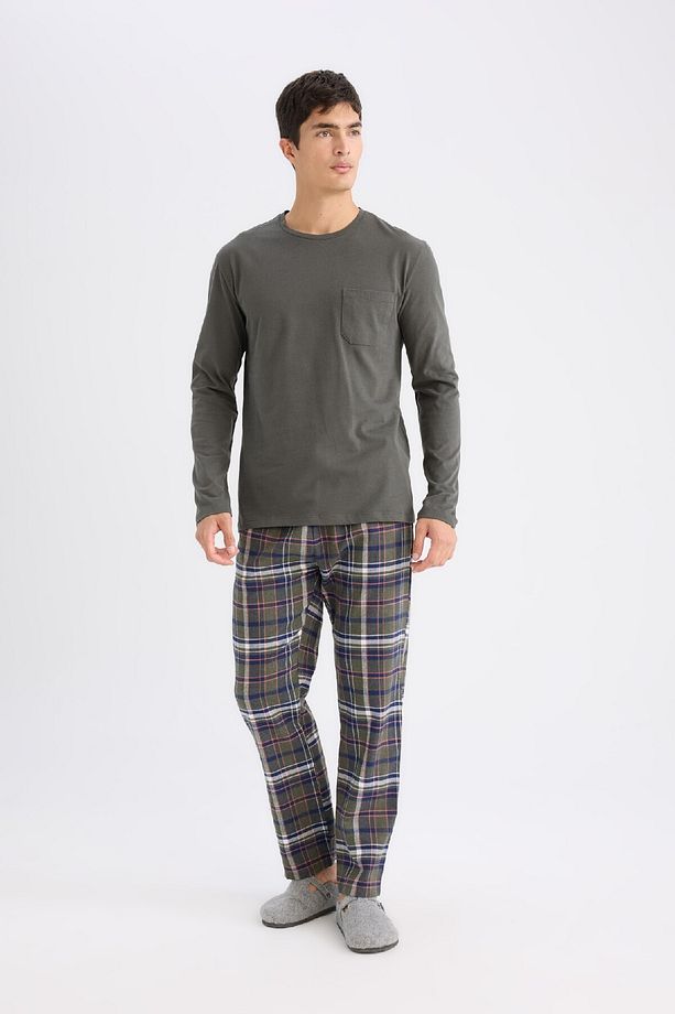Pijama Takımı Regular Fit Uzun Kollu Basic Düz Üst Kareli Alt B2450ax24wn - 2