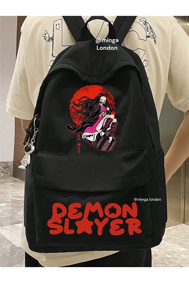 حقيبة ظهر مدرسية مطبوعة مزدوجة من Nezuko Demon Slayer، وغرفة الدراسة، وجيب أمامي للدورة