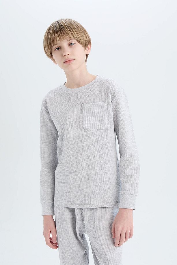 Erkek Çocuk Pijama Takımı Waffle Bisiklet Yaka Uzun Kollu Üst Beli Lastikli Uzun Alt D9977a825sp - 4