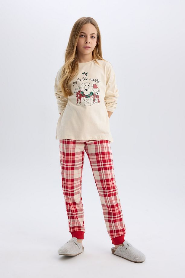 Kız Çocuk Yılbaşı Temalı Pijama Takımı Bisiklet Yaka Uzun Kollu Üst Beli Lastikli Alt D8790A824AU - 1