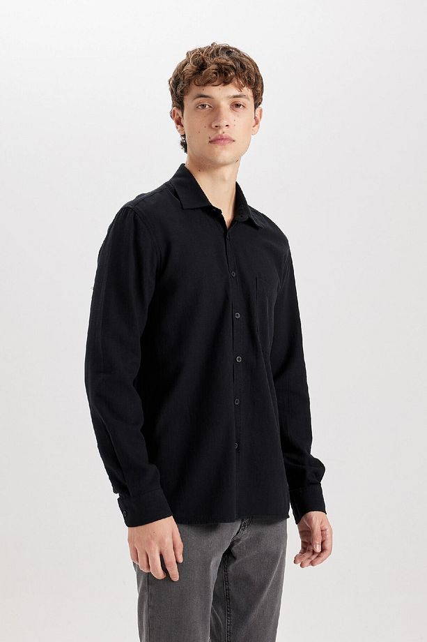 Regular Fit Pamuklu Basic Düz Keten Görünümlü Uzun Kollu Siyah Gömlek D7079ax24sp - 3