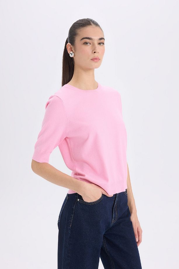 Regular Fit Bisiklet Yaka Basic Düz Kısa Kollu Triko Kazak D6272AX25SM - 4