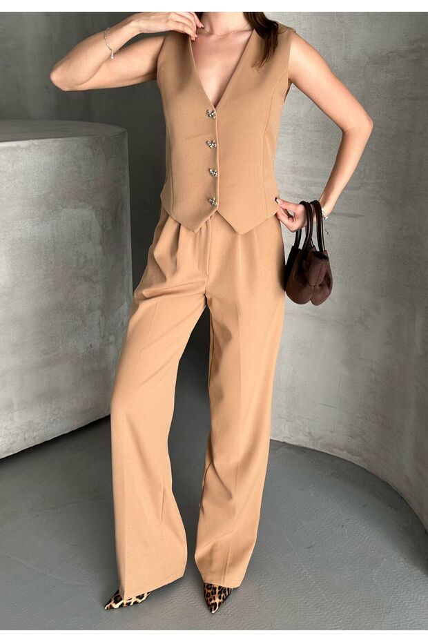 Double Fabric Bow Button Lined Vest Front Pleated Pocket Half Elastic Waist Wide Pants Suit