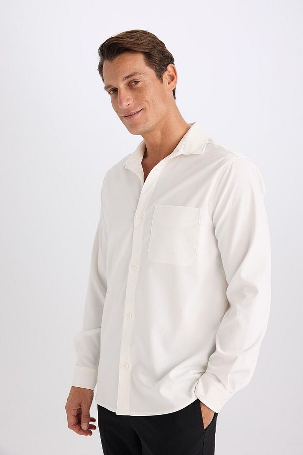 Regular Fit Polo Yaka Basic Düz Gofre Uzun Kollu Beyaz Gömlek D8713ax25sp - 6