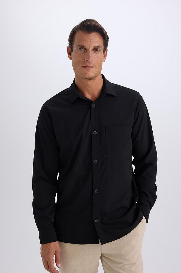 Regular Fit Polo Yaka Basic Düz Gofre Uzun Kollu Siyah Gömlek D8713ax25sp - 4